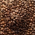 Heap of roasted coffee beans arranged intricately on a matting