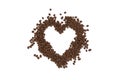Heap of roasted coffee beans in a heart shape isolated on white background Royalty Free Stock Photo