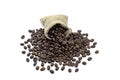 Roasted coffee beans and hemp bag. isolated on a white background. Royalty Free Stock Photo