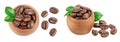 Heap of roasted coffee beans in wooden bowl with leaves isolated on white background with full depth of field. Top view Royalty Free Stock Photo