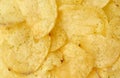 Heap of round yellow fried potato chips with dill, food with spice