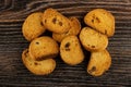 Heap of rusks with raisin on table. Top view