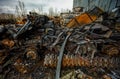 Heap of rusty mangled destroyed russian armored vehicles