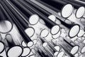 Heap of shiny metal steel pipes with selective focus effect. 3d illustration