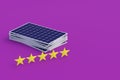 Heap of solar panels near five stars of rating on velvet violet background