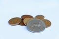 Heap of South Africa Rand coin money on the white background. Concept of finance