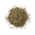 Heap of South African green Rooibos tea leaves close up on white background