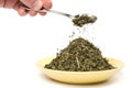 Spoonful of dried nettle on white backgroung