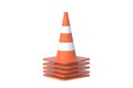Heap of striped road cones, barriers isolated on white background
