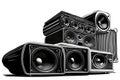 Heap of subwoofers, amplifiers and audio speakers Royalty Free Stock Photo