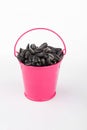 Heap sunflower seeds in pink bucket on white background Royalty Free Stock Photo