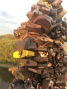 Heap of sunlit rusty padlocks