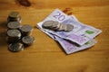 Heap of Swedish cash on a wooden table Royalty Free Stock Photo