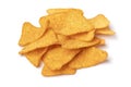 Heap of Tortilla Nacho Cheese Chips close up on white background