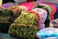 Heap of trendy knitted hats