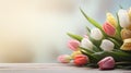heap of tulips on wooden table with bokeh