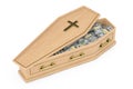 Heap of United States Dollar Bills in Wooden Coffin With Golden Cross and Handles. 3d Rendering