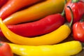 Heap of various chili peppers on a wooden background. Cooking ingredients, spicey taste and organic food concept