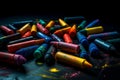 Heap of wax colorful crayons on black surface. Generate ai