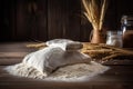 Heap of wheat flour next to ears of wheat on a wooden background. Barley flour in a paper bag on old wooden floor. Generative AI Royalty Free Stock Photo