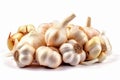 Heap of white garlic heads and cloves isolated on white background. Closeup of garlic clove on white background. Generative AI