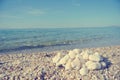 Heap of white pebbles on pebbly beach; faded, retro style Royalty Free Stock Photo