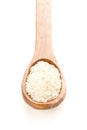 Heap of white uncooked, raw long grain rice in wooden spoon on white