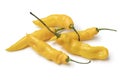 Heap of whole fresh raw ripe yellow Madame Jeanette peppers close up on white background