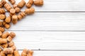 Heap of wine bottle corks on white wooden background top view copyspace Royalty Free Stock Photo