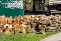 Heap of wooden logs in a city park in Goryachy Klyuch, Russia. Copy space for text.