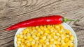 Detail of a bowl with boiled corn and hot pepper Royalty Free Stock Photo