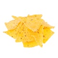 Heap yellow spicy triangles nachos isolated on white background. Fast food template for menu, advertising, cover.