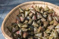 Heap of ZhongZi in a basket- traditional Chinese rice dish in bamboo leaves Royalty Free Stock Photo