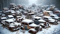 Heaped pile old automobiles wrecking yard with rusted antique cars and trucks AI Generated Royalty Free Stock Photo