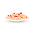 Heaped plate of delicious spaghetti carbonara pasta restaurant food menu concept traditional italian dish flat isolated