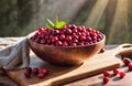 A heaping pile of cranberries in a wooden bowl. Generative AI. Royalty Free Stock Photo