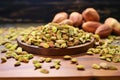 a heaping pile of deshelled pistachios on a wooden board Royalty Free Stock Photo