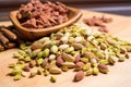 a heaping pile of deshelled pistachios on a wooden board Royalty Free Stock Photo