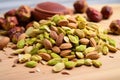a heaping pile of deshelled pistachios on a wooden board Royalty Free Stock Photo