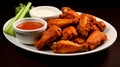 A heaping serving of crispy chicken wings with various dipping sauces. AI Generative Royalty Free Stock Photo