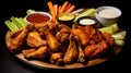 A heaping serving of crispy chicken wings with various dipping sauces. AI Generative Royalty Free Stock Photo