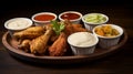 A heaping serving of crispy chicken wings with various dipping sauces. AI Generative Royalty Free Stock Photo