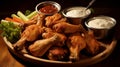 A heaping serving of crispy chicken wings with various dipping sauces. AI Generative Royalty Free Stock Photo
