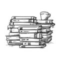 Heaps of books with a cup of coffee on the top, vector illustration