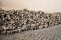 Heaps of cobblestones, pavement construction, Prague. Royalty Free Stock Photo
