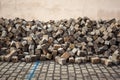 Heaps of cobblestones, pavement construction, Prague. Royalty Free Stock Photo