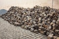 Heaps of cobblestones, pavement construction, Prague. Royalty Free Stock Photo