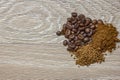 Heaps of coffee powder, beans and instant coffee