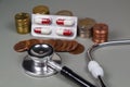 Heaps of coins, stethoscope and pack of pills