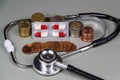 Heaps of coins, stethoscope and pack of pills